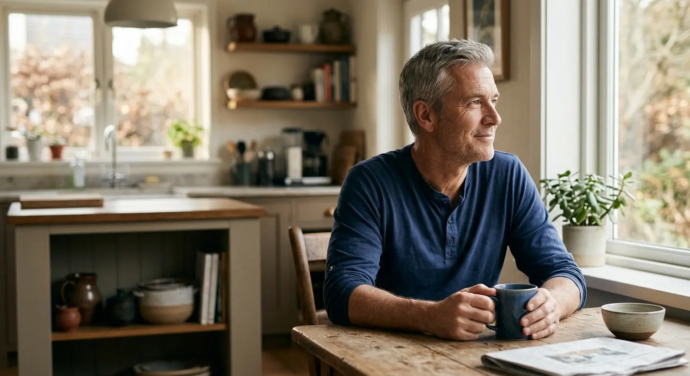 A relaxed man having coffee at a bright kitchen table