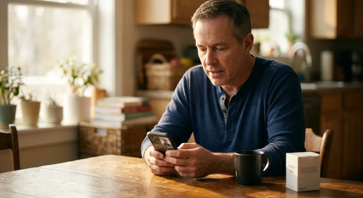 A man answering a short online questionnaire on his phone at a kitchen table